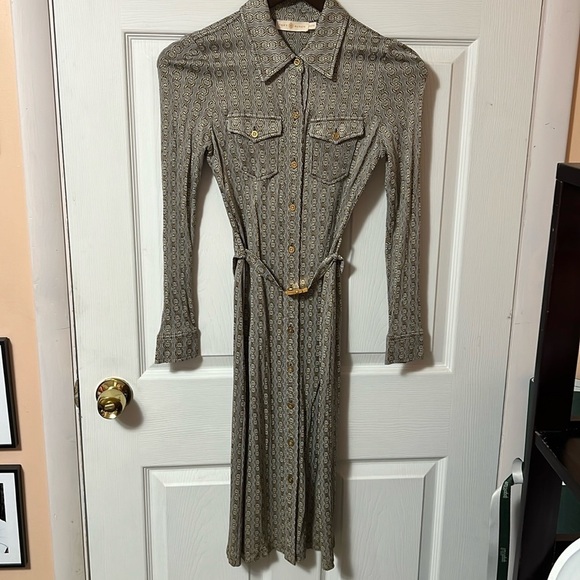 Tory Burch chain link print muted brown and silvery midi belted dress - size XXS - Picture 1 of 4